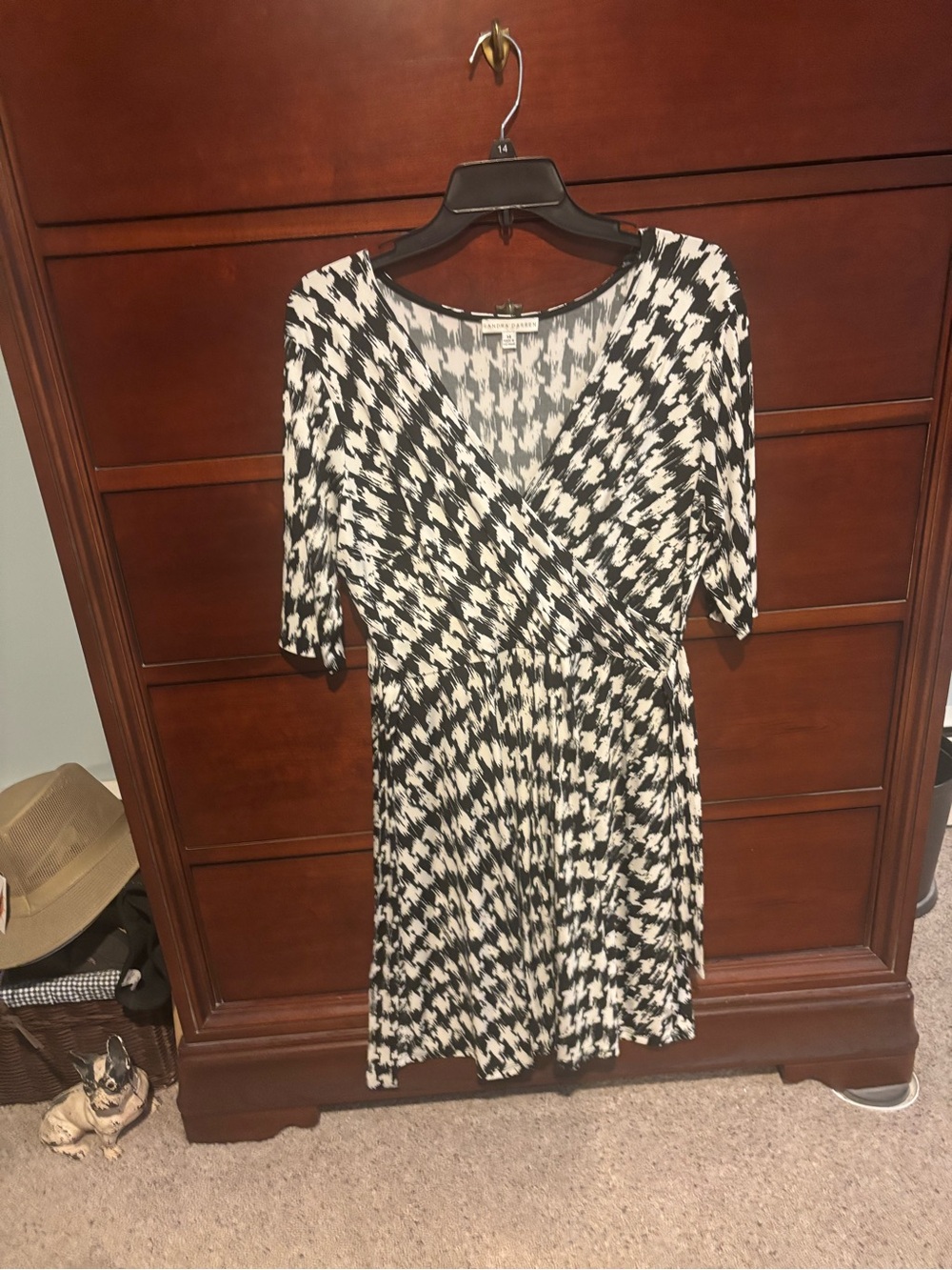 Sandra Darren Black and White Houndstooth Wrap-Style Midi Dress